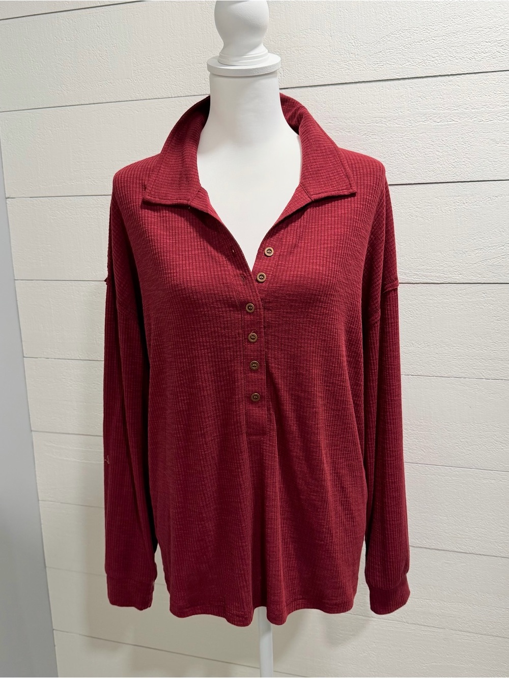 Women's Burgundy Waffle-Knit Henley Top